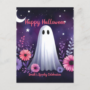 Whimsical Ghost and Floral Spooky Pink Purple Postcard