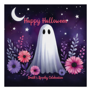 Whimsical Ghost and Floral Spooky Pink Purple Poster