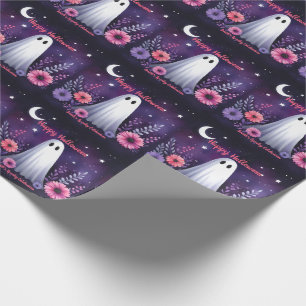 Whimsical Ghost and Floral Spooky Pink Purple Wrapping Paper