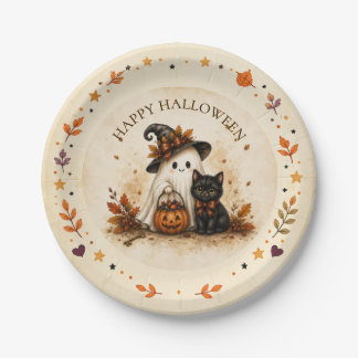 Whimsical Ghost Black Cat Happy Halloween Paper Plate