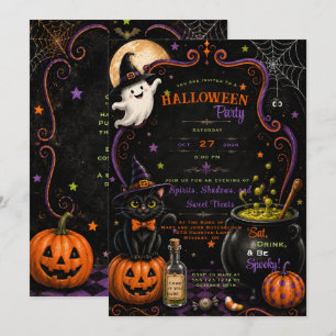 Whimsical Ghost Black Kitten Pumpkins Halloween   Invitation