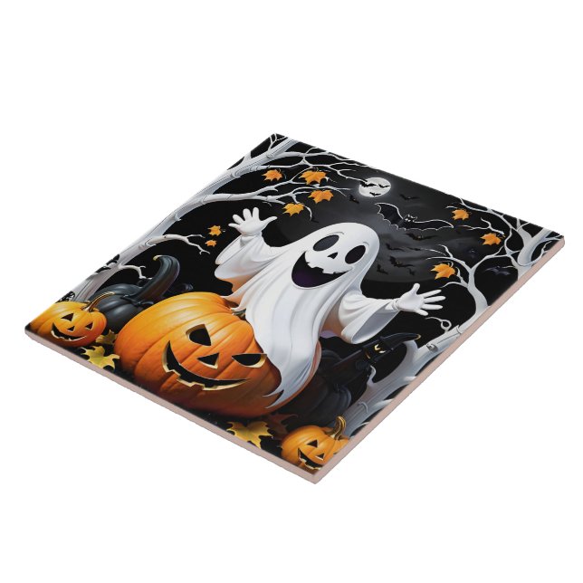 Whimsical ghost celebrates Halloween by a pumpkin Ceramic Tile (Side)