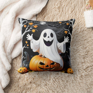 Whimsical ghost celebrates Halloween by a pumpkin Cushion