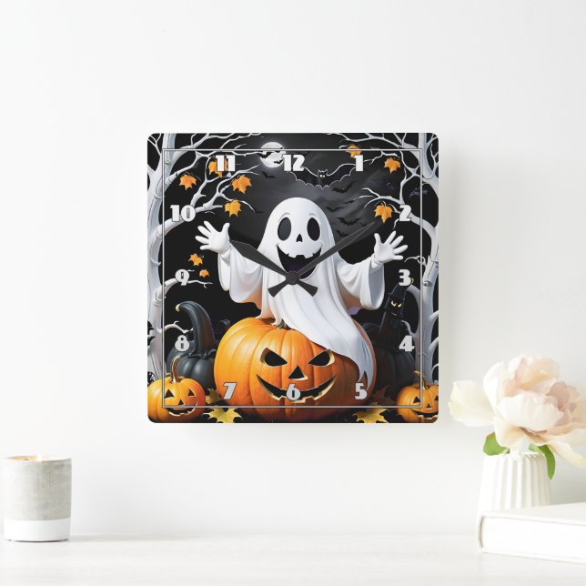 Whimsical ghost celebrates Halloween by a pumpkin Square Wall Clock (Home)
