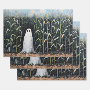 Whimsical Ghost Corn Field Decoupage Wrapping Paper Sheet