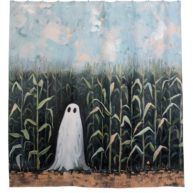 Whimsical Ghost Corn Field Oil Painting Shower Curtain (Front)