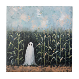 Whimsical Ghost Corn Field Painting Ceramic Tile