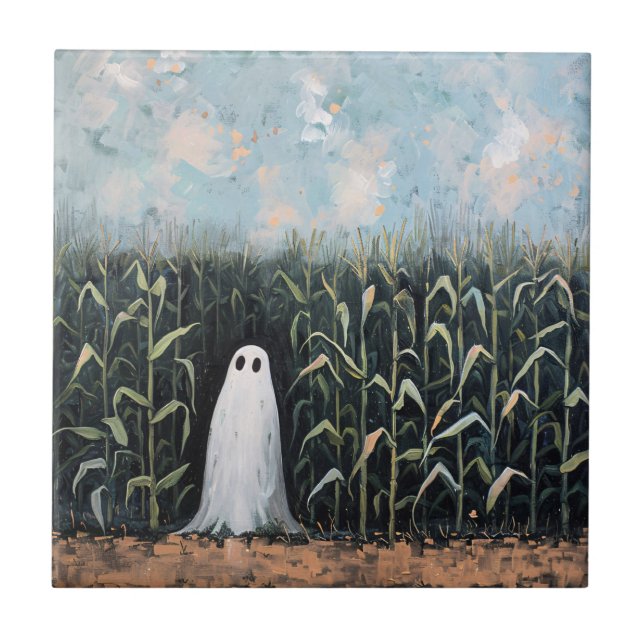 Whimsical Ghost Corn Field Painting Ceramic Tile (Front)