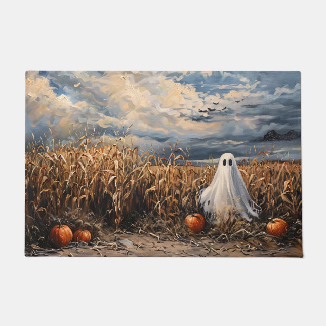 Whimsical Ghost Corn Field Pumpkins Doormat (Front)