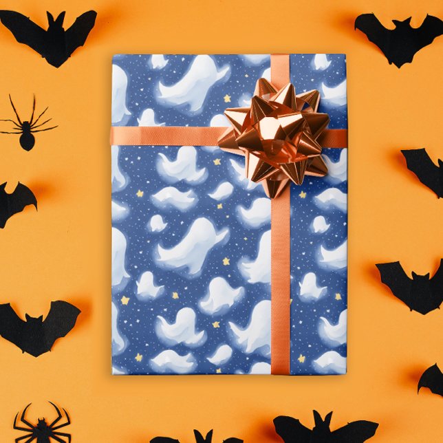 Whimsical Ghost Halloween Starry Night Watercolor Wrapping Paper (Creator Uploaded)