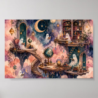 Whimsical Ghost Library Cozy Dark Academia Art Poster