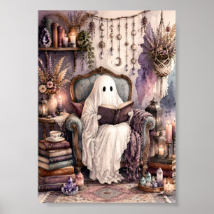 Whimsical Ghost Reading Book Cozy Dark Academia Poster