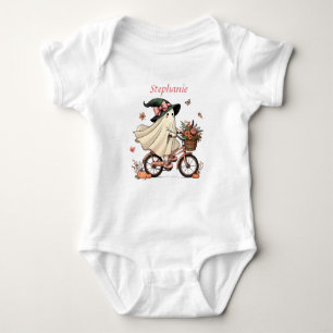 Whimsical Ghost Witch Riding Bicycle  Baby Bodysuit