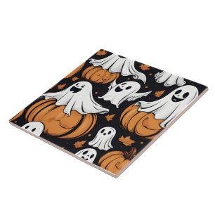 Whimsical ghosts playing among Halloween pumpkins Ceramic Tile