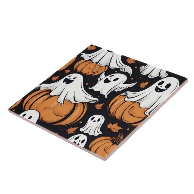 Whimsical ghosts playing among Halloween pumpkins Ceramic Tile (Side)