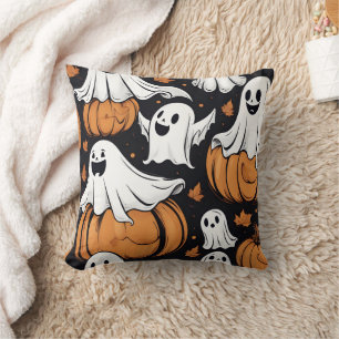 Whimsical ghosts playing among Halloween pumpkins Cushion