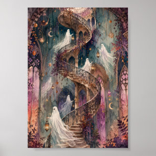 Whimsical Ghosts Spiral Staircase Gothic Castle Poster