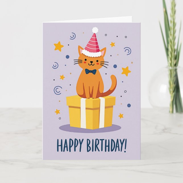 Whimsical Gift Cat Birthday Card (Front)