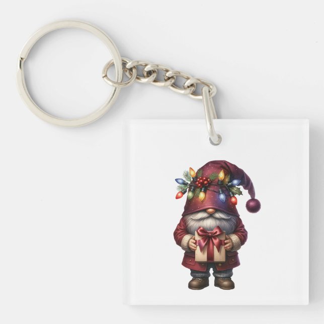 Whimsical Gift Giving Christmas Gnome Key Ring (Front)