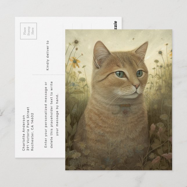 Whimsical Ginger Cat In A Meadow Postcard (Front/Back)