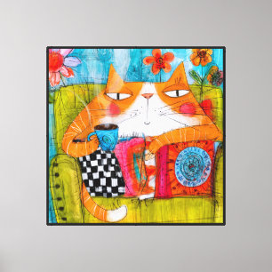 Whimsical Ginger Cat with Cup of Tea Canvas Print
