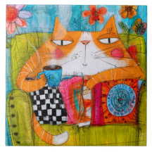 Whimsical Ginger Cat with Cup of Tea