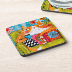 Whimsical Ginger Cat with Cup of Tea Coaster