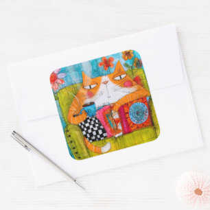 Whimsical Ginger Cat with Cup of Tea Square Sticker