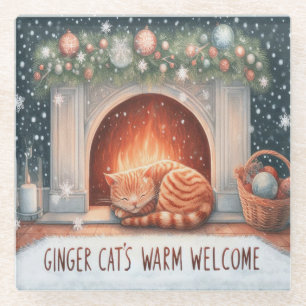 Whimsical Ginger Cat's Warm Welcome Christmas Glass Coaster