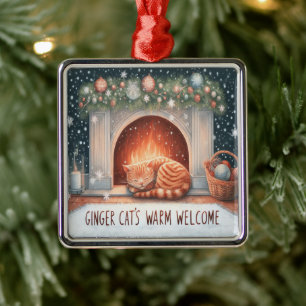 Whimsical Ginger Cat's Warm Welcome Christmas Metal Ornament