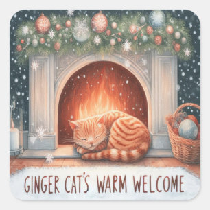 Whimsical Ginger Cat's Warm Welcome Christmas Square Sticker