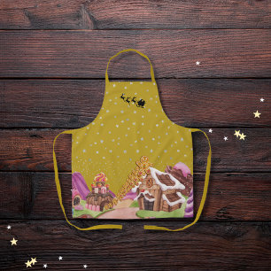 Whimsical gingerbread Christmas scene gold Apron