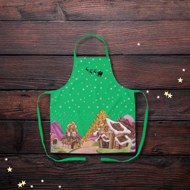 Whimsical gingerbread Christmas scene green Apron (Creator Uploaded)