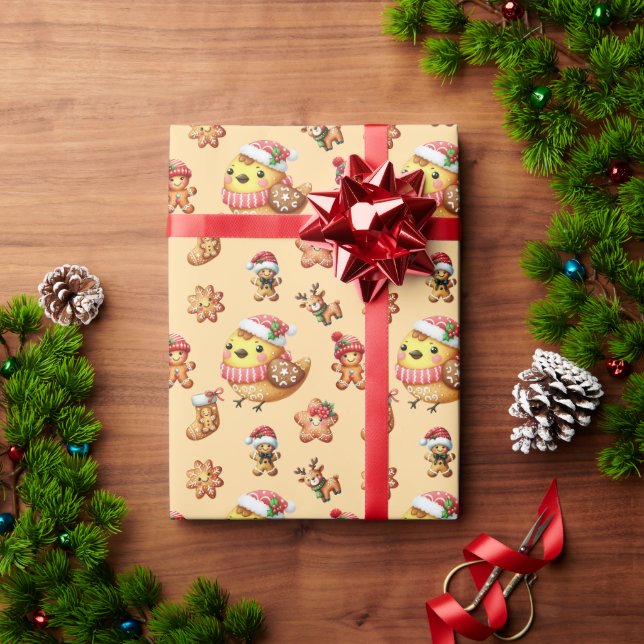 Whimsical Gingerbread Holiday Pattern on Beige Bac Wrapping Paper (Holiday Gift)