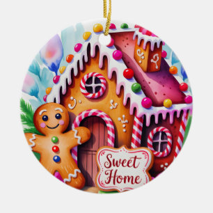 Whimsical Gingerbread House "Sweet Home" Ceramic Ornament