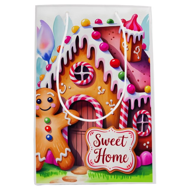 Whimsical Gingerbread House "Sweet Home" Medium Gift Bag (Front)