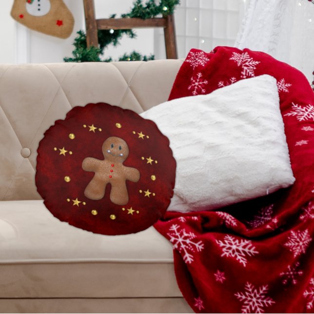 Whimsical Gingerbread Man Christmas Round Cushion (Creator Uploaded)
