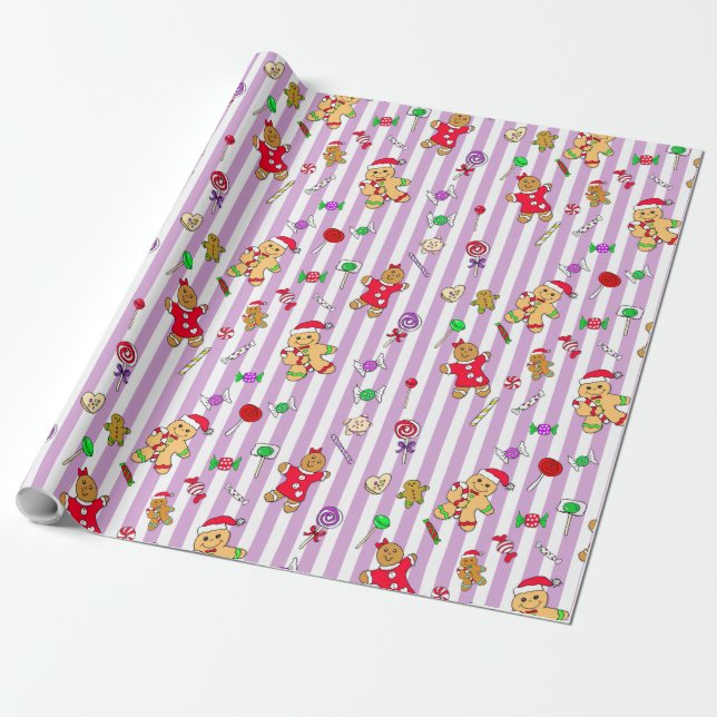 Whimsical Gingerbread Men and Christmas Candy Wrapping Paper (Unrolled)