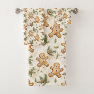Whimsical Gingerbread & Pine Holiday Pattern Bath Towel Set