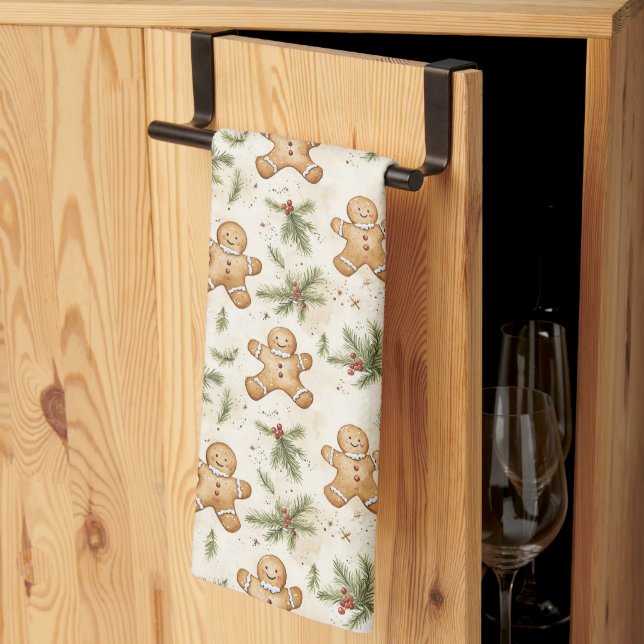 Whimsical Gingerbread & Pine Holiday Pattern Tea Towel (Thirds Fold)