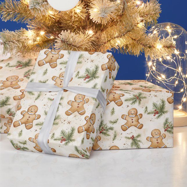Whimsical Gingerbread & Pine Holiday Pattern Wrapping Paper (Holidays)