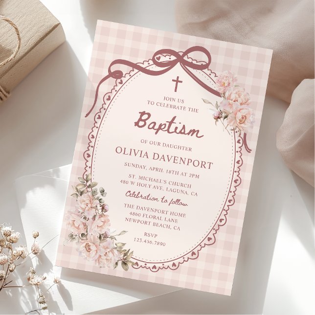 Whimsical Gingham Blush Pink Floral Girl Baptism Invitation (Creator Uploaded)