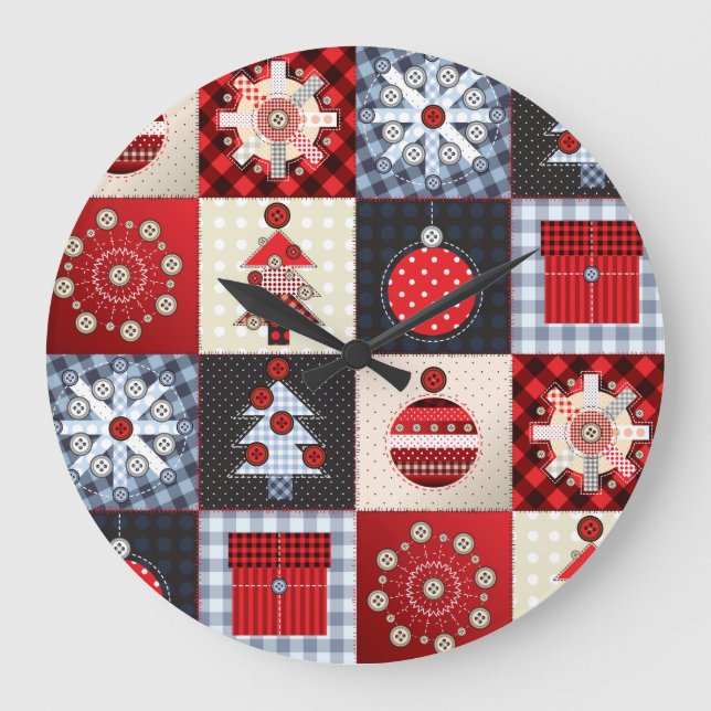 Whimsical Gingham Christmas Patchwork Qui Large Clock (Front)