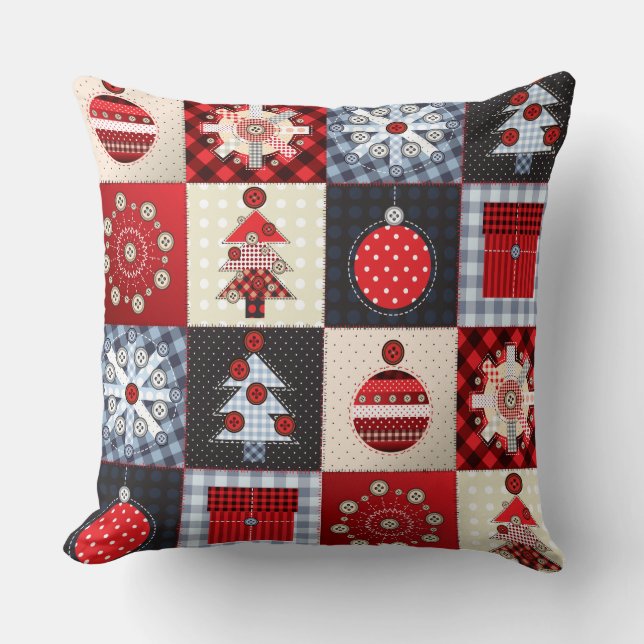 Whimsical Gingham Christmas Patchwork Quil Cushion (Front)