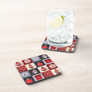 Whimsical Gingham Christmas Patchwork Quilt Coaster
