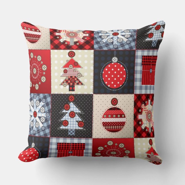 Whimsical Gingham Christmas Patchwork Quilt Cushion (Front)