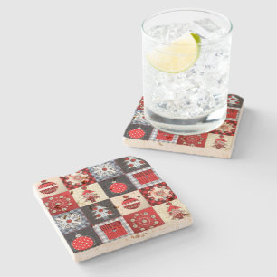 Whimsical Gingham Christmas Patchwork Quilt Stone Coaster