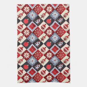 Whimsical Gingham Christmas Patchwork Quilt Tea Towel