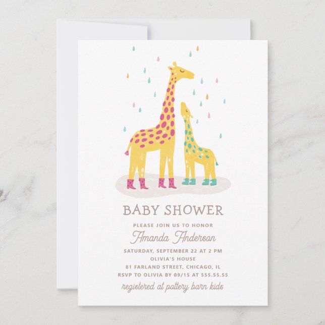 Whimsical Giraffe Baby Shower | Colourful Raindrop Invitation (Front)