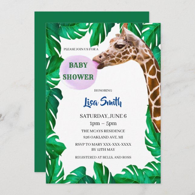Whimsical Giraffe Blowing Bubble Gum Baby Shower Invitation (Front/Back)